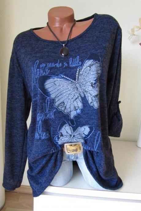  Women Long Sleeve T Shirt Spring Butterfly Printed Casual Plus Size Pullover Tops navy blue