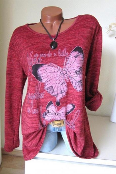  Women Long Sleeve T Shirt Spring Butterfly Printed Casual Plus Size Pullover Tops red