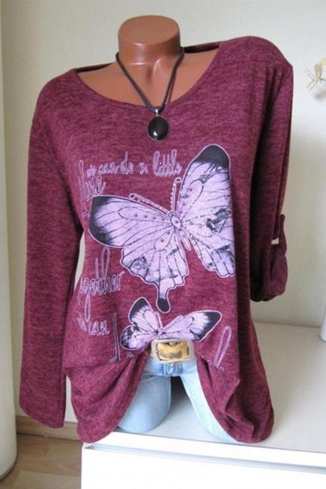 Women Long Sleeve T Shirt Spring Butterfly Printed Casual Plus Size Pullover Tops wine red