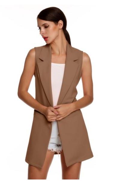Women Waistcoat Spring Autumn Lapel Neck Work Office Casual Long Vest Slim Sleeveless Coat khaki