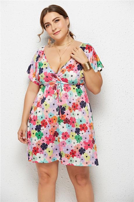 Women Floral Printed Dress V Neck Short Sleeve Plus Size Casual Summer Beach Mini Dresss 1#