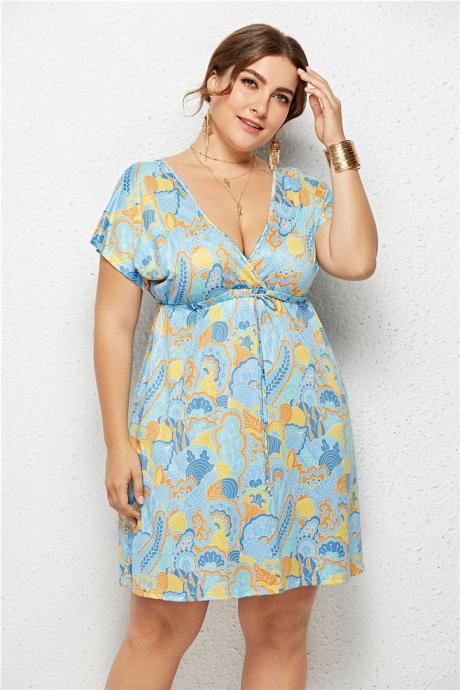 Women Floral Printed Dress V Neck Short Sleeve Plus Size Casual Summer Beach Mini Dresss 6#