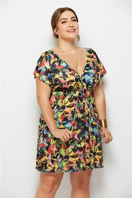Women Floral Printed Dress V Neck Short Sleeve Plus Size Casual Summer Beach Mini Dresss 7#