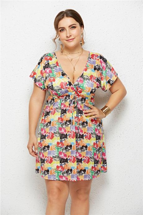 Women Floral Printed Dress V Neck Short Sleeve Plus Size Casual Summer Beach Mini Dresss 8#