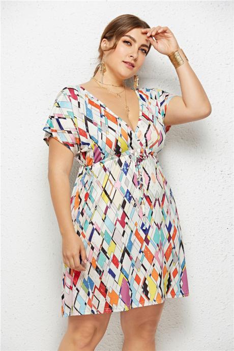 Women Floral Printed Dress V Neck Short Sleeve Plus Size Casual Summer Beach Mini Dresss 9#