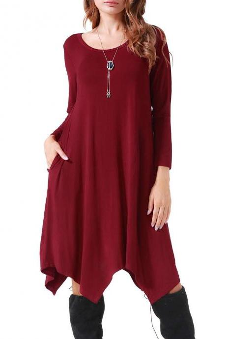  Women Asymmetrical Dress Spring Autumn Long Sleeve Pocket Casual Loose Midi Dress wine red