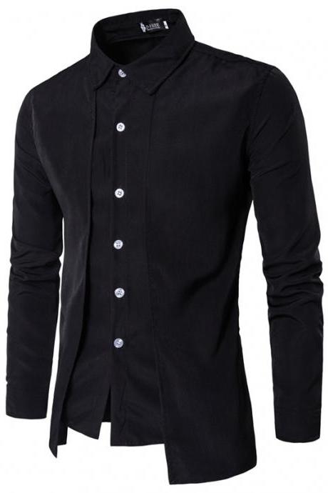 Men Shirt Fake Two Pieces Long Sleeve Single-Breasted Causal Business Slim Fit Male Shirt black