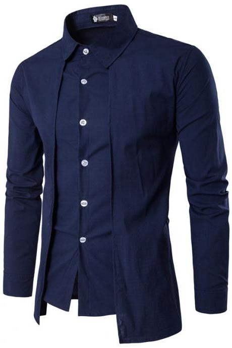 Men Shirt Fake Two Pieces Long Sleeve Single-Breasted Causal Business Slim Fit Male Shirt navy blue 
