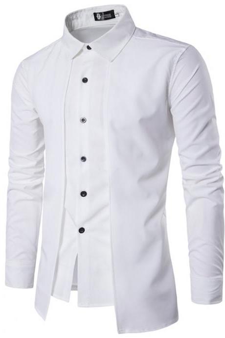 Men Shirt Fake Two Pieces Long Sleeve Single-Breasted Causal Business Slim Fit Male Shirt off white
