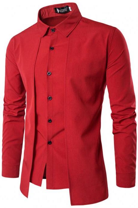 Men Shirt Fake Two Pieces Long Sleeve Single-Breasted Causal Business Slim Fit Male Shirt red