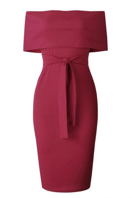 Women Pencil Dress Off the Shoulder Backless Striped Summer Bodycon Office Party Dress crimson