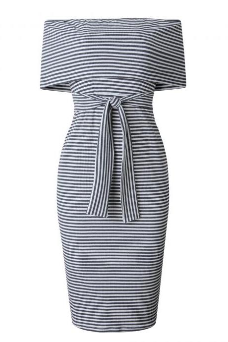 Women Pencil Dress Off the Shoulder Backless Striped Summer Bodycon Office Party Dress gray