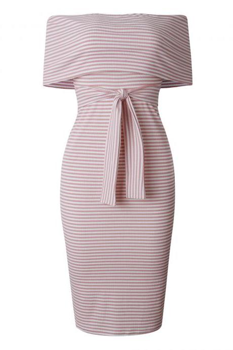 Women Pencil Dress Off the Shoulder Backless Striped Summer Bodycon Office Party Dress pink