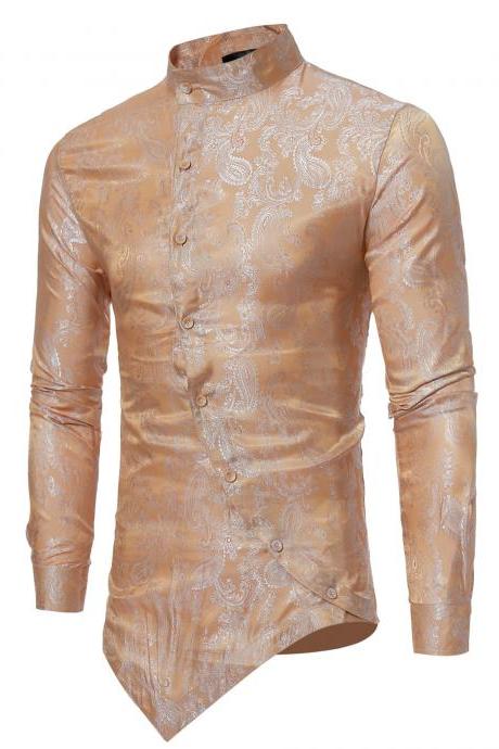 Men Asymmetrical Shirt Spring Autumn Long Sleeve Stand Collar Business Printed Slim Fit Shirt champagne