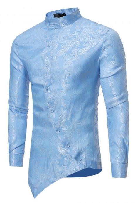 Men Asymmetrical Shirt Spring Autumn Long Sleeve Stand Collar Business Printed Slim Fit Shirt light blue