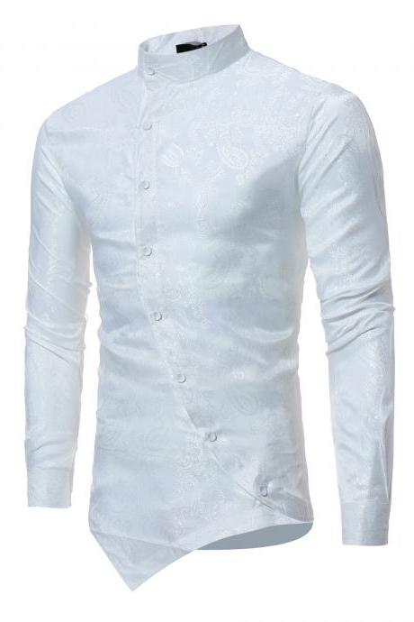 Men Asymmetrical Shirt Spring Autumn Long Sleeve Stand Collar Business Printed Slim Fit Shirt off white