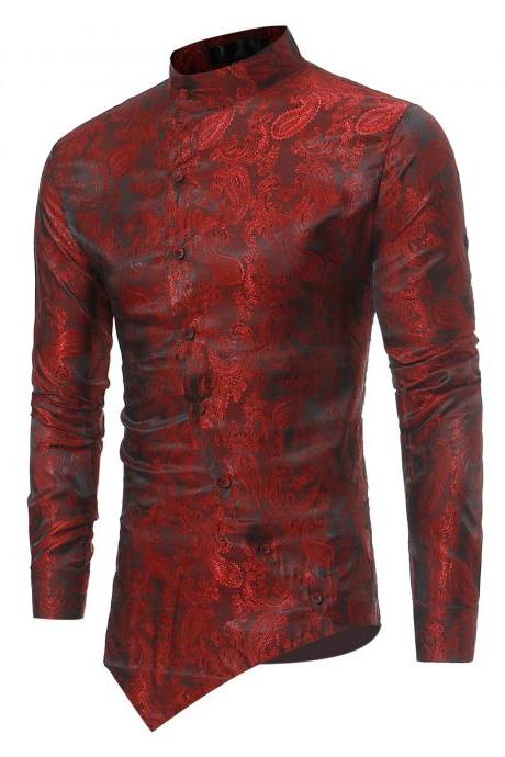 Men Asymmetrical Shirt Spring Autumn Long Sleeve Stand Collar Business Printed Slim Fit Shirt wine red