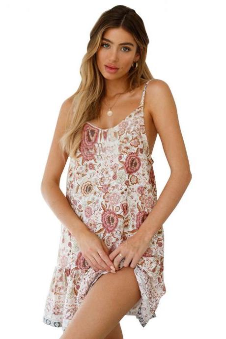 Women Floral Printed Mini Dress Spaghetti Straps Backless Ruffle Summer Beach Boho Sundress 1#