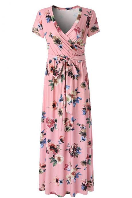  Women Floral Printed Maxi Dress V Neck Short Sleeve Summer Beach Boho Casual Long Dress 2#