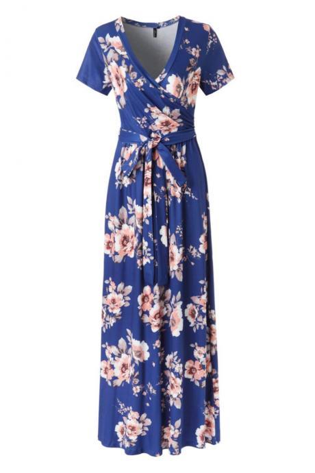 Women Floral Printed Maxi Dress V Neck Short Sleeve Summer Beach Boho Casual Long Dress 3#
