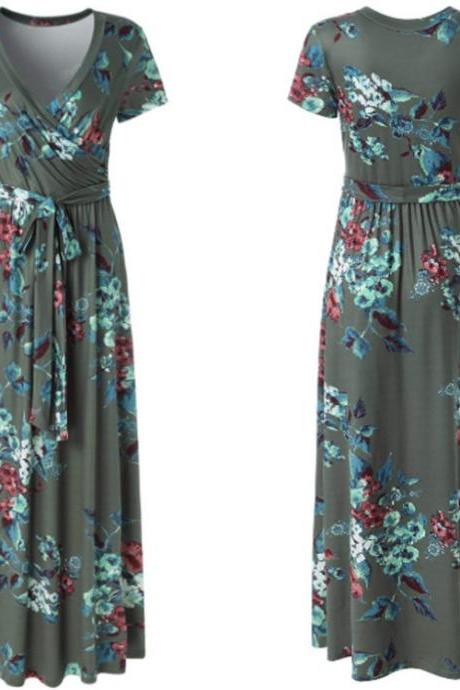  Women Floral Printed Maxi Dress V Neck Short Sleeve Summer Beach Boho Casual Long Dress 4#