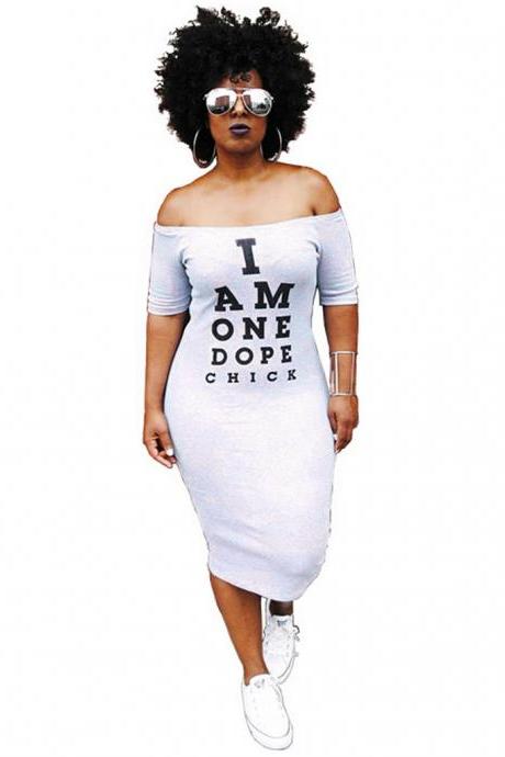 Women Pencil Dress Off Shoulder Short Sleeve Letter Printed Bodycon Midi Club Party Dress off white