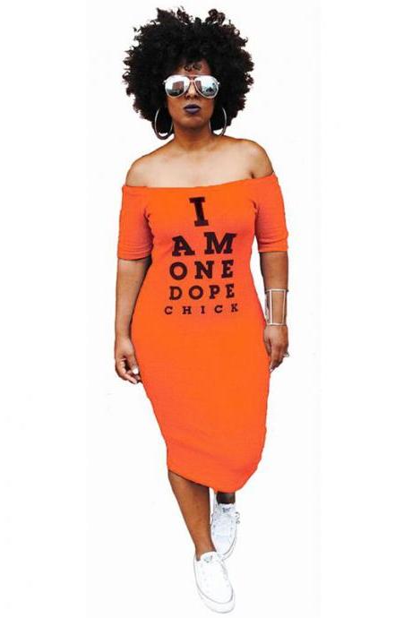 Women Pencil Dress Off Shoulder Short Sleeve Letter Printed Bodycon Midi Club Party Dress orange