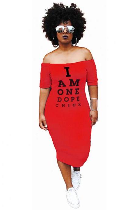  Women Pencil Dress Off Shoulder Short Sleeve Letter Printed Bodycon Midi Club Party Dress red