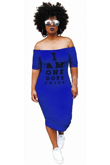  Women Pencil Dress Off Shoulder Short Sleeve Letter Printed Bodycon Midi Club Party Dress royal blue