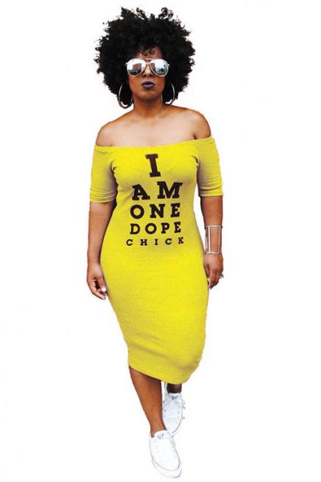  Women Pencil Dress Off Shoulder Short Sleeve Letter Printed Bodycon Midi Club Party Dress yellow