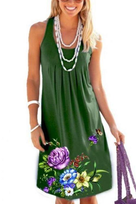 Women Floral Printed Dress Summer Beach Boho Casual Plus Size Sleeveless Sundress green