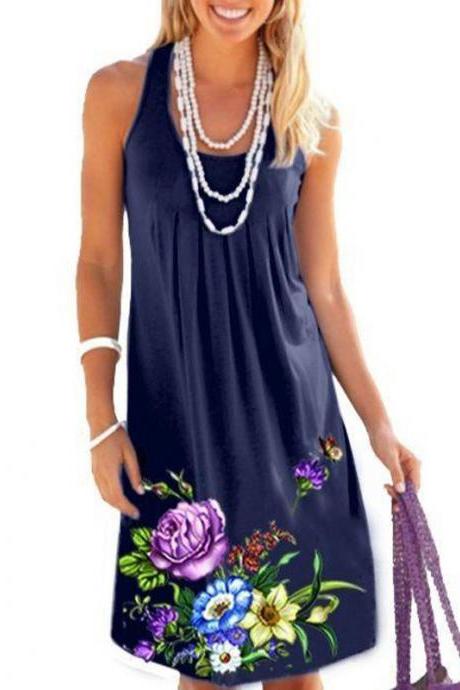 Women Floral Printed Dress Summer Beach Boho Casual Plus Size Sleeveless Sundress navy blue