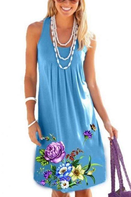 Women Floral Printed Dress Summer Beach Boho Casual Plus Size Sleeveless Sundress sky blue