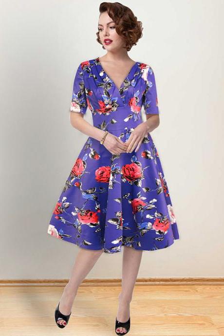 Women Floral Printed Dress V Neck Short Sleeve Vintage 50s 60s Casual A Line Formal Party Dress 1365-blue