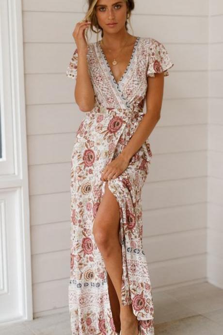 Women Floral Printed Maxi Dress V Neck Short Sleeve Causal High Split Summer Boho Beach Long Dress 1#