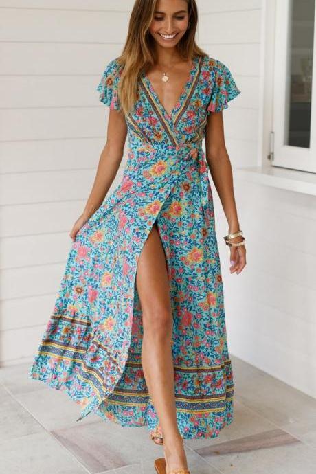  Women Floral Printed Maxi Dress V Neck Short Sleeve Causal High Split Summer Boho Beach Long Dress 4#