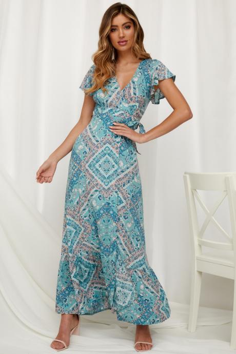 Women Floral Printed Maxi Dress V Neck Short Sleeve Causal High Split Summer Boho Beach Long Dress 10#