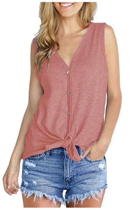 Women Knitted Vest V Neck Buttons Sleeveless Casual Loose Pullovers Cardigan Tops pink