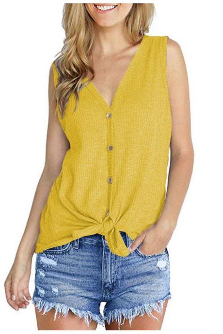 Women Knitted Vest V Neck Buttons Sleeveless Casual Loose Pullovers Cardigan Tops yellow