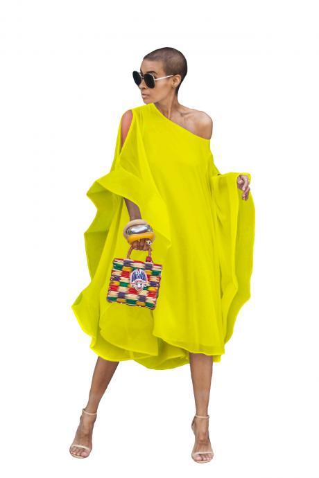 Women Asymmetrical Dress Off Shoulder Batwing Sleeve Summer Beach Casual Loose Dress Yellow