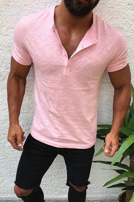 Men T-shirt Button V Neck Summer Short Sleeve Streetwear Casual Hip Hop Slim Fit Male Tops Pink