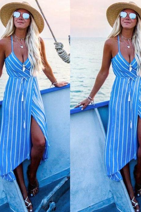 Women Striped Dress Summer Sleeveless Beach Boho Maxi Holiday Party Asymmetrical Sundress blue