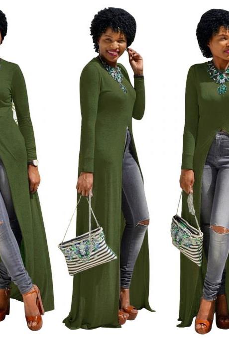  Women Long Sleeve Maxi Dress Front High Split Floor-Length Casual Pullover Tops army green