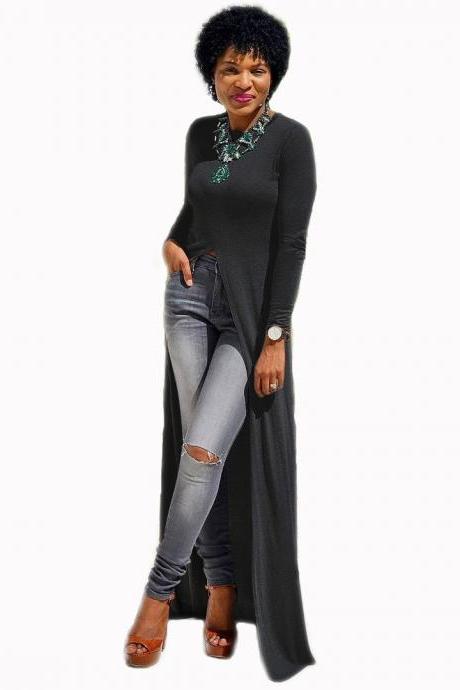  Women Long Sleeve Maxi Dress Front High Split Floor-Length Casual Pullover Tops black