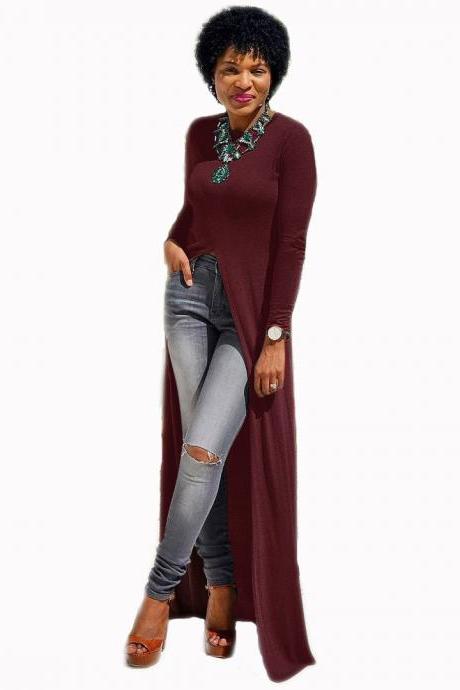 Women Long Sleeve Maxi Dress Front High Split Floor-Length Casual Pullover Tops wine red