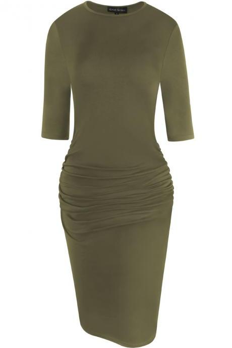  Women Pencil Dress Half Sleeve Casual Pleated Slim Bodycon Work Office Party Dress army green