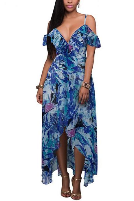 Women Asymmetrical Dress Floral Printed Spaghetti Straps Summer Beach Boho High Low Sundress3#