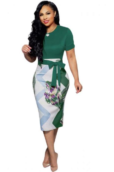Women Pencil Dress Short Sleeve Printed Patchwork Belted Slim Bodycon Midi Work Office Party Dress hunter green