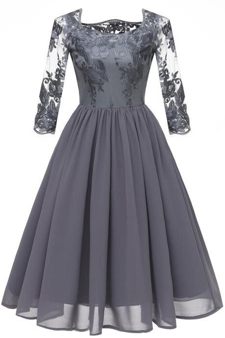 Women Embroidery Chiffon Dress Vintage 3/4 Sleeve A Line Formal Bridesmaid Party Dress gray