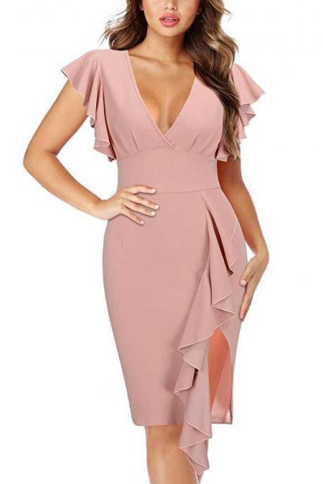 Women Pencil Dress V Neck Ruffles Sleeve Split Slim Bodycon Cocktail Club Party Dress Apricot Pink